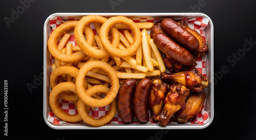 Delicious Platter of Fried Onion Rings, French Fries, Sausages, and Chicken Wings, Perfect for Sharing