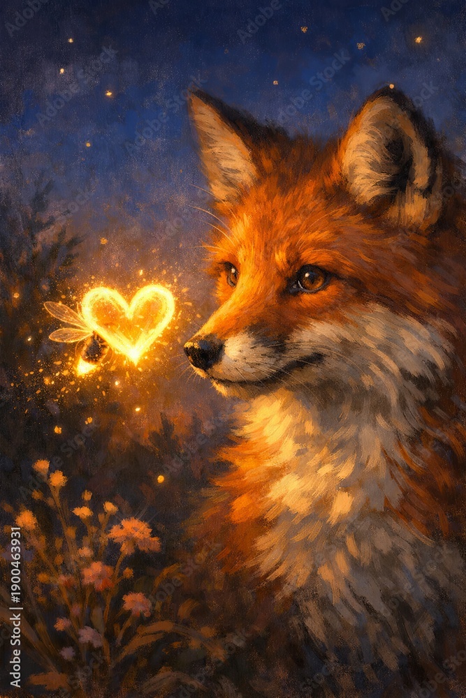 Fototapeta premium Atmospheric fantasy painting of a fox gazing at a glowing heart-shaped firefly in a twilight meadow, creating a dreamy romantic mood for prints, cards, and storytelling art.