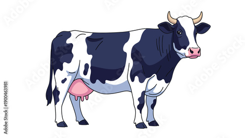 Standing Black and White Dairy Cow Illustration with Udder and Horns on White Background