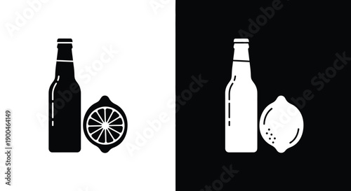 Simple black and white icons depict a beverage bottle alongside a sliced citrus fruit variation