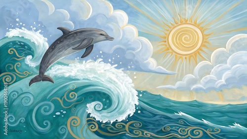 Artistic painting of a dolphin leaping over a large wave, illuminated by a radiant sun and surrounded by soft clouds, evoking a sense of freedom and adventure.