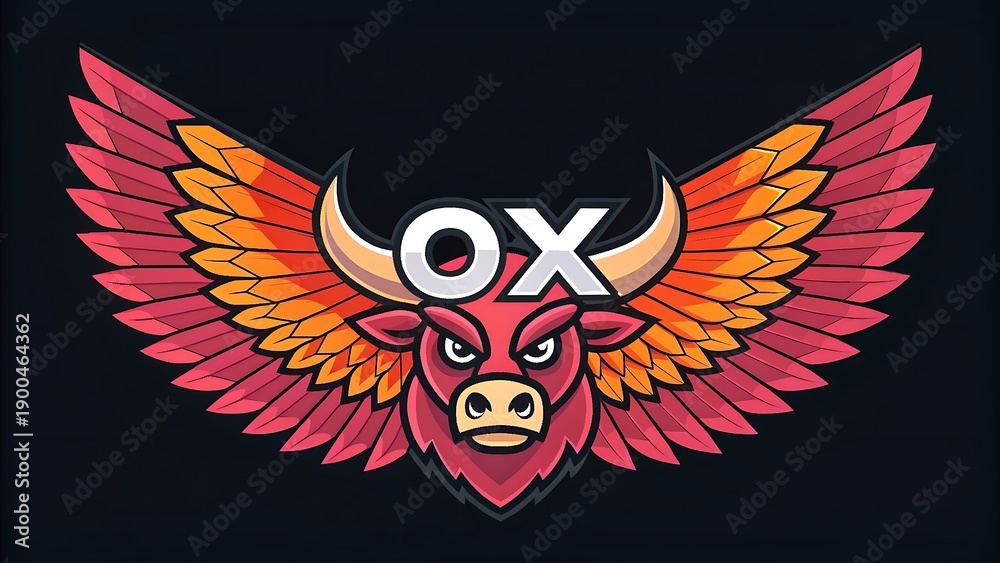Obraz premium Bold and dynamic vector logo of a bull with large, majestic wings, featuring the letters 'OX' on its forehead and a fiery gradient of red and orange colors.