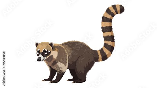 Cute cartoon coati illustration with striped tail, isolated on a clean white background