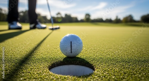 Golfer prepares to sink a white dimpled sphere on a meticulously maintained putting surface