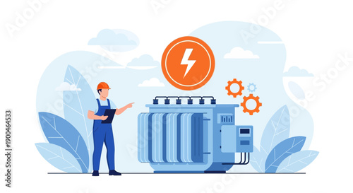 Electrician Checking Power Transformer Flat Vector Illustration