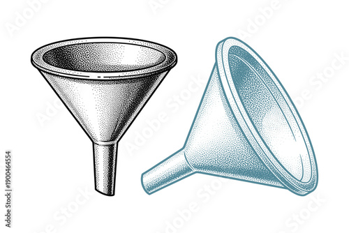 Two funnels drawing for laboratory filtering and pouring liquids chemical equipment