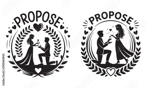 Marriage Proposal Silhouette Logo Set with Couple, Engagement Ring and Romantic Laurel Frame