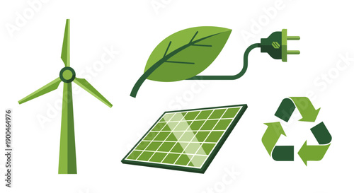 Green Energy Icons Set Wind Turbine Solar Panel and Recycling Symbol