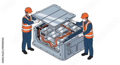 Engineers Inspecting Large Electric Vehicle Battery System