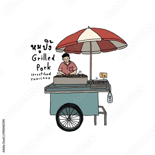 Photography man grilling pork at street market, grilled pork or Mooh Ping in Thai language,
