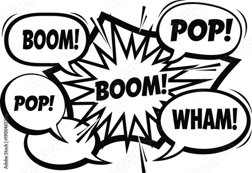 Dynamic comic book explosion with text 'BOOM!', 'POP!', and 'WHAM!' in speech bubbles