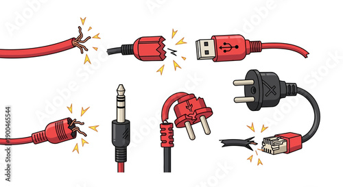 Broken Wires and Damaged Electronic Plugs Vector Set
