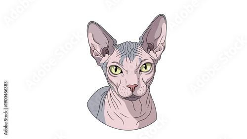 Sphynx Cat Head Portrait Illustration with Green Eyes