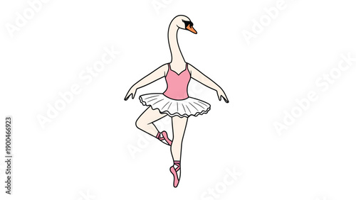 Graceful swan ballerina in pink tutu and pointe shoes, performing ballet pose, cartoon illustration