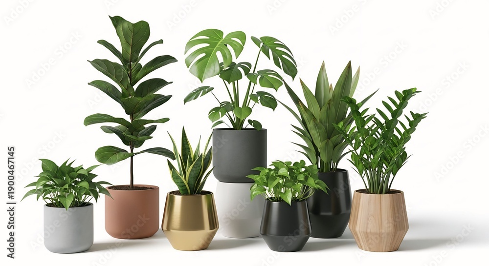 Fototapeta premium Collection of houseplants in ceramic and gold pots on white background
