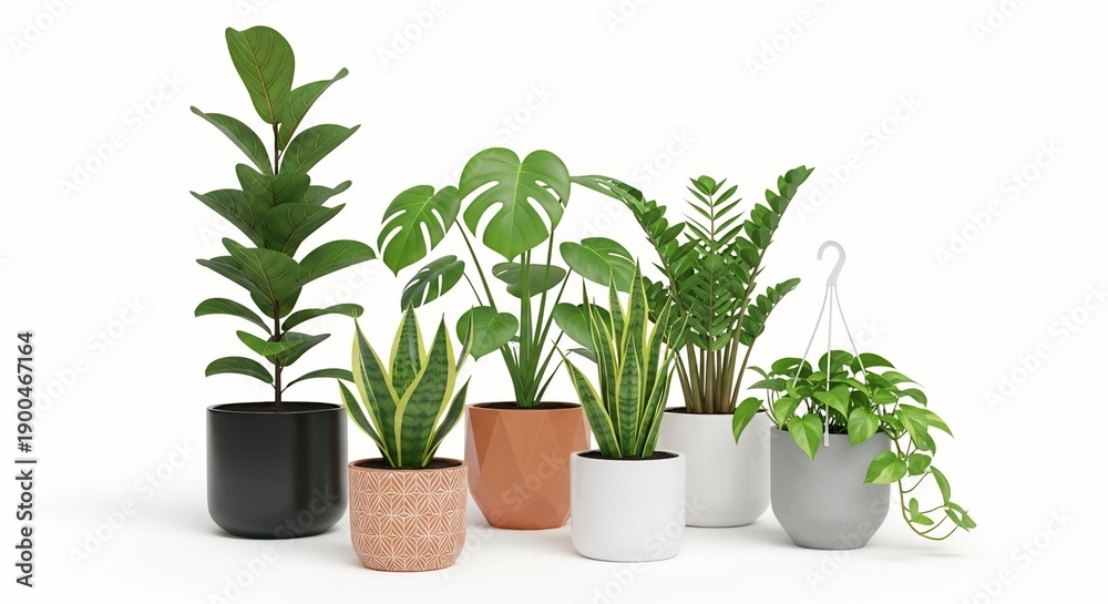 Fototapeta premium Collection of diverse potted houseplants a realistic 3D render with modern planters isolated on a white background for interior design projects