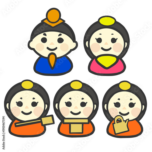 ひな祭りをモチーフにした人物セットイラスト（カラー）