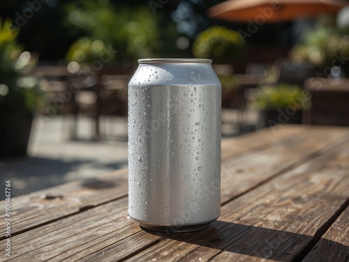 Refreshing Blank Silver Beverage Can with Condensation on Rustic Outdoor Wooden Table.