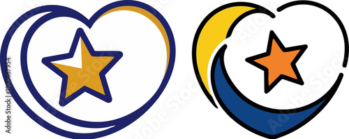 WebTwo stylized heart-shaped emblems featuring a central five-pointed star are presented side by side demonstrating light and dark mode variations for a brand identity concept.