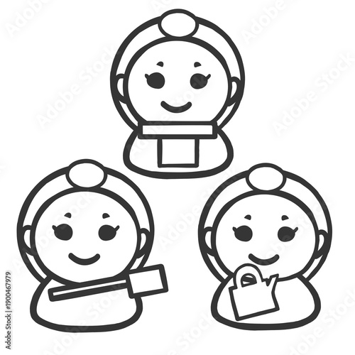 ひな祭りをモチーフにした人物イラスト（3人・線画）