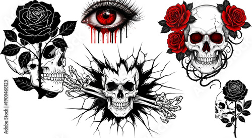WebStriking collection of dark gothic skull illustrations featuring bloody eyes and vibrant red roses creating intense macabre artistic designs for edgy apparel graphics.
