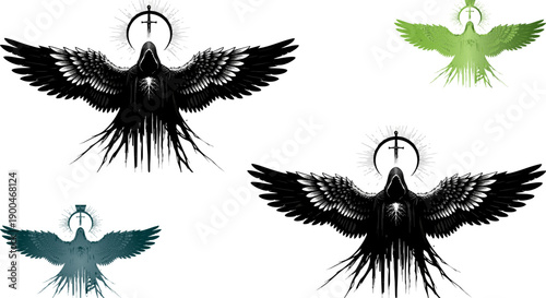 WebCollection of stylized bird silhouettes featuring outstretched wings and digital halo effects presented in various dark and light color variations against a black backdrop.