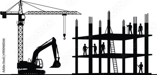 Construction site silhouette with tower crane, excavator and workers building multi story structure, industrial engineering scene isolated on white background illustration urban development