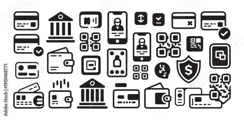Banking and financial security icons set with wallet bank building shield and money transfer signs