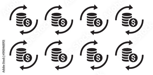Money circulation dollar coins stack with circular arrows financial transaction exchange repeat symbols.