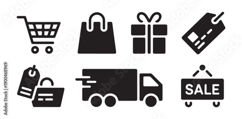 Collection of various retail shopping symbols including cart bag gift tag delivery truck and sale