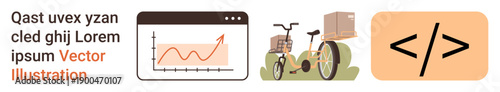 Business trends, eco-friendly transport, tech development, data visualization, e-commerce, coding. Graph showing data trends, cargo bike and coding symbol. Data analytics and transport innovation