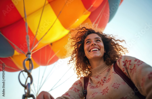 Young woman smiles happily on a hot air balloon ride. She enjoys the view from above, feeling adventurous and free in the sky. This experience is exciting and memorable. People love this trip.