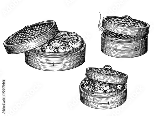 Traditional bamboo steamer engraving illustration for Chinese New Year food branding