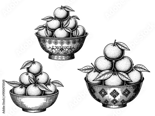 Mandarin orange offering engraving illustration for Chinese New Year prosperity branding