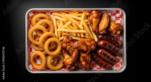 Assortment of delicious fried chicken wings, sausages, french fries, and onion rings served on a tray