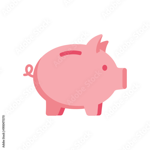 A simple, flat design illustration of a pink piggy bank with a coin slot on its back and a curly tail, facing right.