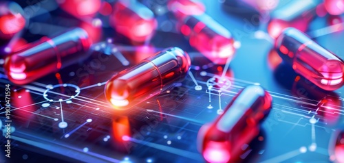 A close-up view of digital capsules on a circuit board, combining technology and health themes with vibrant colors.