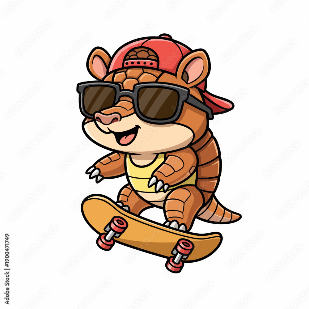 Naklejka premium Cool Armadillo Skater Cartoon Character Wearing Sunglasses and Hat.