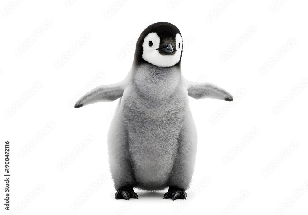 Obraz premium a small penguin with black and white feathers standing on a white background with its wings spread out