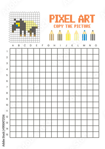 Copy the picture grid drawing worksheet for kids. Pixel art tapir