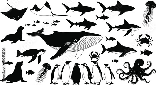 Sea Creature Silhouette Vector Set Featuring Whales Sharks Penguins Dolphins Octopus Seals Jellyfish and Rays for Marine Life Nature Conservation Design