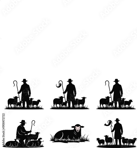 Shepherd silhouette set with sheep herd and shepherd's crook for agriculture livestock farming pastoral landscape and traditional religious nativity design elements