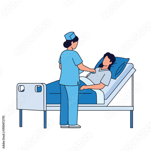 Caring healthcare professional attending to a patient in a hospital bed vector illustration