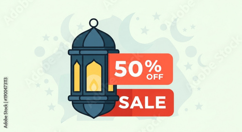 Ramadan lantern with 50 off sale sign islamic festival discount promotion