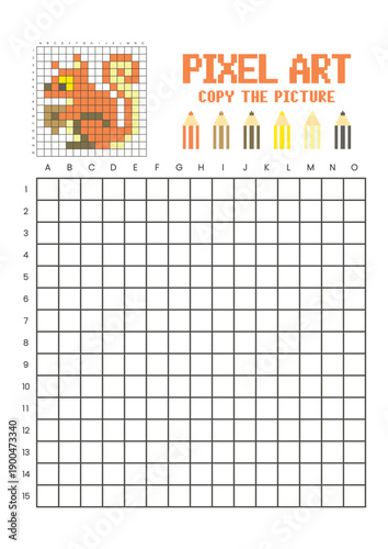 Copy the picture grid drawing worksheet for kids. Pixel art squirrel