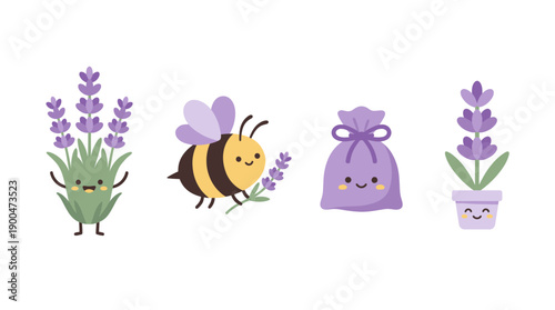 lavender cute cartoon vector set , isolate on a white background. SVG and PNG
