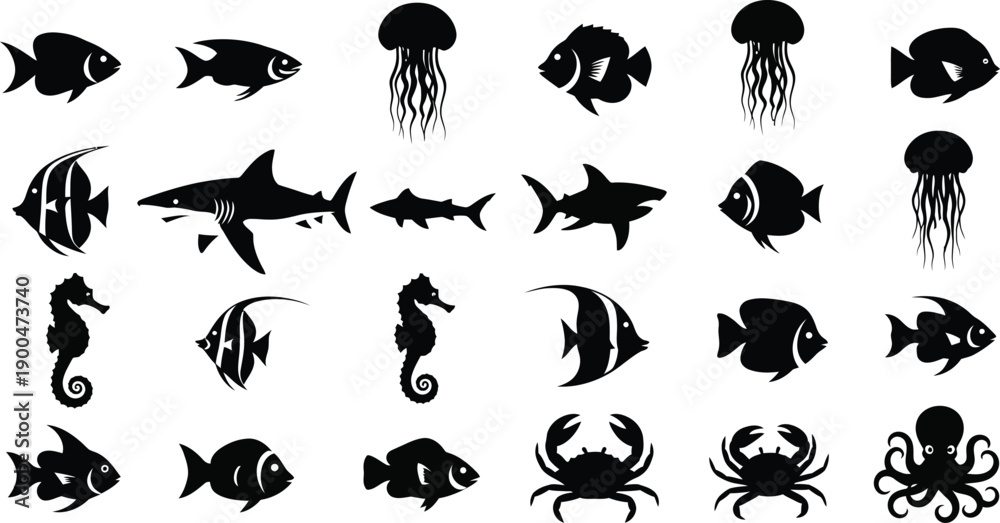 Fototapeta premium Collection of black sea creature silhouettes
