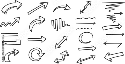 Collection of various black hand drawn arrows on white background.