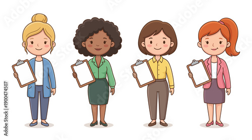 secretary holding a clipboard cute cartoon vector set , isolate on a white background. SVG and PNG