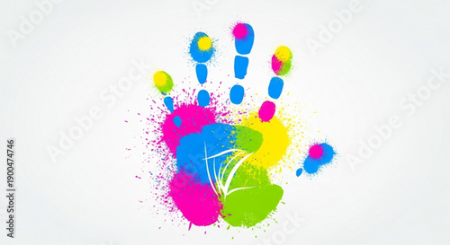 Vibrant handprint with colorful paint splatters on white background creative artistic expression